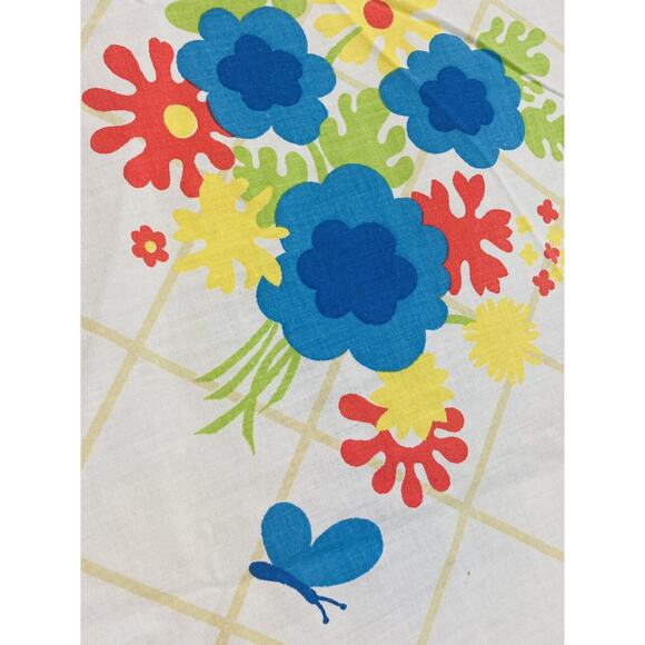 1960s Mod Retro Flower Power Table cloth Round Butterfly Blue Red Yellow 68" Che - Picture 5 of 14